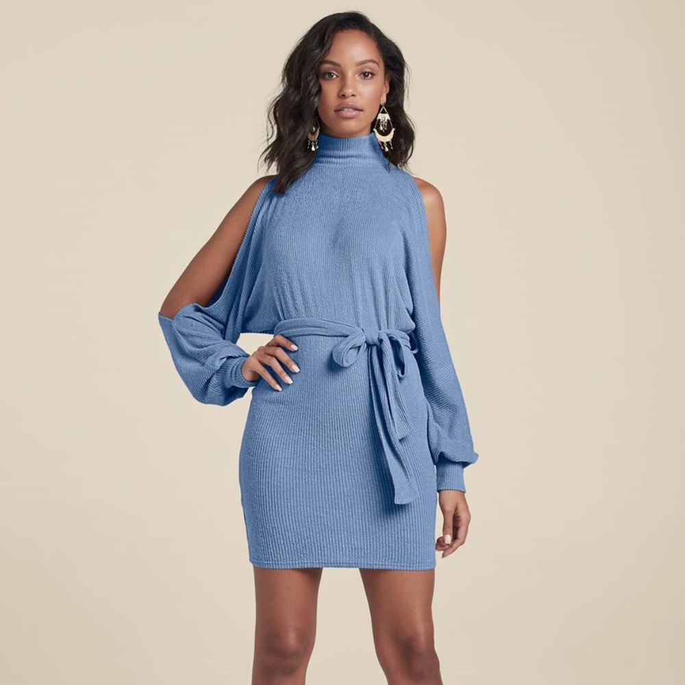 NEW Venus Cold-Shoulder Blue Mock-Neck Dress